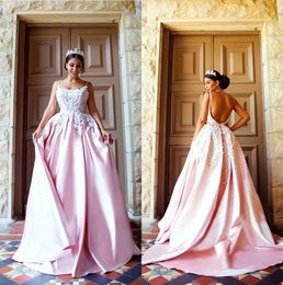 Evening Spaghetti 2018 Pink Dresses with White Lace Applique Sleeveless A-line Prom Gowns Backless Sweep Train Custom Made Vestidos De Noiva