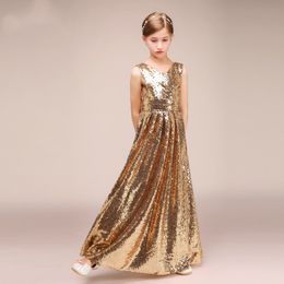 Goldfarbene Pailletten-Festzug-Desses für kleine Mädchen 2018 mit Juwelenausschnitt, maßgeschneiderte funkelnde Kinder-Formalkleidung für Hochzeiten, Blumenmädchenkleider