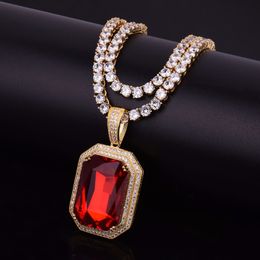 Iced Out Zircon Pendant With 4mm Tennis Chain Necklace Set Bling Hip Hop Jewellery Set Square Big Gem Necklace & Pendant For Men