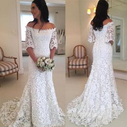 Full Lace Off Shoulder Wedding Dresses Half Long Sleeves Mermaid Bridal Gowns Sweep Train Zipper Back Wedding Vestidos 2019