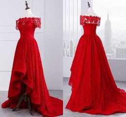 Elegant High Low Cheap Prom Dresses Off the shoulder with Short Sleeves Lace Bodice Zipper Back Short Front Long Back Evening Party Gowns