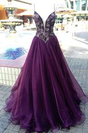 Sexy Deep V neck Evening Dress Purple 2018 With Spaghetti Straps Beaded A line Chiffon Open Back Cheap Prom Pageant Dress Gowns Long