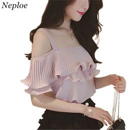 Neploe Chiffon Blouse Ruffles Design Shirt 2018 Summer Short Sleeve Strapless Blouses Woman Sexy Sweet Pink Blusas Tops 35183