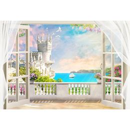 Seaside Villa Balcony Photography Backdrop Printed Curtains Doors Nature Landscape Beach Wedding Scenic Photo Shoot Backgrounds