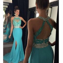 Elegant Mermaid Long Sky Blue Prom Dress with Side Slit Halter Dress Party Evening CUstom Made Evening Gown