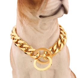 Hot sell 15mm 12-34 inch Gold Tone Double Curb Cuban Rombo Link Stainless Steel Dog Chain Necklace Collar Wholesale DropShipping