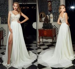 Sexy High Split Chiffon Beach Wedding Dresses Sheer Jewel Neck Illusion Back Country Wedding Gowns See Through A Line Bridal Dresses