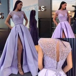 Lavender Long Prom Dresses With Lace Beads Short Sleeve A Line Satin Split Floor Length Evening Dress Formal Special Occasion Party Gowns
