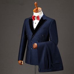 trustworthy Double-Breasted Groomsmen Peak Black Lapel Groom Tuxedos Men Suits Wedding/Prom Best Man Blazer ( Jacket+Pants+Tie)