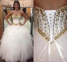 2018 Gold White Ball Gown Quinceanera Dresses Custom Made Beaded Off Shoulder Prom Dress Long Formal Party Gowns Q26