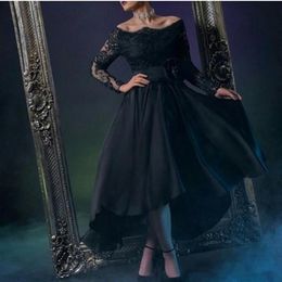 Arabic Dubai Formal Evening Dresses Long Sleeves Bateau Lace High Low Prom Dress Modest Black Special Occasion Dress Plus Size