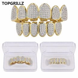 diamond grille Australia - TOPGRILLZ Golden Color Plated CZ Micro Pave Exclusive Luxury Top&Bottom Gold Grillz Set Hip Hop Classic Teeth Grills