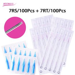 ATOMUS Sterile 100 pcs tattoo needles 7RS and 100pcs Matched Tattoo Tips 7RT Disposable Needles and Blue tattoo shader liner accessory