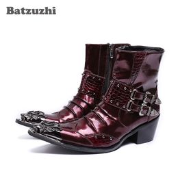 New patent Leather Men Ankle Boots Punk Style Iron Pointed Toe Zip Mens Military Cowboy Boots High Top Buckles Botas Hombre