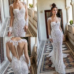 2019 Berta Mermaid Wedding Dresses Scoop Neck Lace Applique Button Back Sweep Train Long Sleeve Wedding Gowns robe de Sexy Bridal 285O