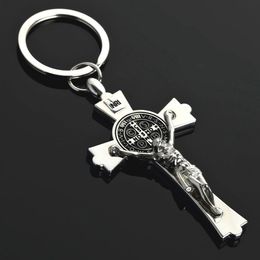 Silver Stainless Steel Jesus Christ Pendant Cross Charm Metal Key Chain Car Key Ring Religious Jewelry Gift Key Holder