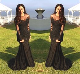 Evening Dresses Sexy Arabic Jewel Neck Illusion Lace Appliques Crystal Beaded Black Mermaid Long Sleeves Formal Party Prom Dresses DH4041