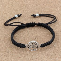 10pcs Alloy Tree Of Life Charm Bracelet Black Pure Hand-woven Adjustable For Men & Women Fashions Accessories