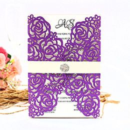 New Laser Cut Purple Glitter Invitations Cards Belt With Crystal For Wedding Bridal Shower Engagement Birthday Graduation Invite