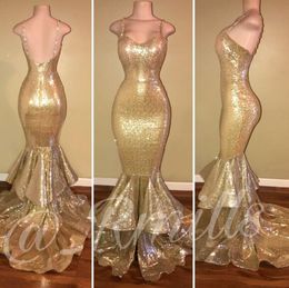 Gold Sequined Mermaid Prom Dresses Spaghetti Straps Sexy High Side Split Backless Black Girls Evening Gowns Formal Dress Evening Wear