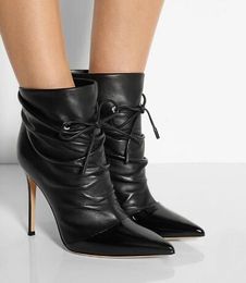 Ladies Boots 2018 Pointed Toe Lace-Up Black Slouch Ankle Boots For Women Plus Size Stiletto Heel Autumn Fall Shoes