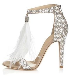2018 Bling Bling Crystal Embellished Sandals High Heels White Feather Fringe Wedding High Heel Shoes Shining Rhinestone Sandal