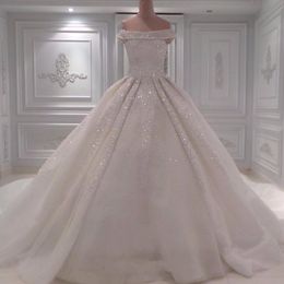 Sparkly Sequins Beaded Wedding Dresses Gorgeous Off Shoulder Tulle Ball Gowns Bridal Dress Custom Made Tulle Wedding Gown Vestido de noiva