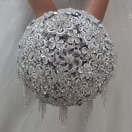 Matrimonio grigio cristallo strass spilla sposa bouquet da sposa in raso fiore 18 cm 2018 nuove forniture di nozze di arrivo