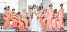 Light Orange Plus Size Bridesmaid Dresses 2017 lace Illusion Long Sleeve Mermaid Maid Of Honor Gowns Chiffon Wedding Guest Dresses