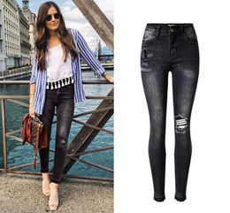 Womens Slim Dark Grey Rip Jeans Diseñador Estiramiento Skinny Jeans Rasgados Para Mujer Pantalones De Lápiz Pantalones