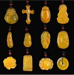 Yellow Chalcedony Buddha Bead Cross Gourd Pendant Natural Hand-carved Fish Rose Leaf Lotus Chinese Carved Pendants Necklace