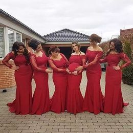 New Arabic African Style Red Bridesmaid Dresses Plus Size Maternity Off Shoulder Long Sleeves Prom gowns Pregnant Formal Dresses