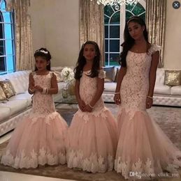 Lace Mermaid Girls Pageant Dresses With Cap Sleeves Long Flower Girls Dresses For Weddings Zipper Back Kids Party Birthday Dress