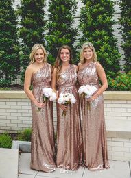 Rose New Design Gold Sequined Long Bridesmaid Dresses One Shoulder Pleats Floor Length Maid Of Honor Dress Wedding Party Gowns
