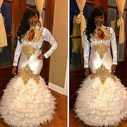 Gorgeous Feather Mermaid Prom Dresses Luxury Golden Applique High Neck Long Sleeve Party Dress Sexy 2k18 Black Girl Evening Prom Dress