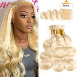 Brazilian Virgin Hair with Closure Unprocessed 613 Blonde Body Wave Human Hair 3 Weaves with Lace Closure Body Wave Hair Weft Extensions