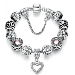 High Quality European Silver Heart Pendant Beads with Crystal Charm Beads for Women Jewellery with Safe Chain bracelets charms