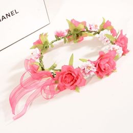 Spring Flower Head Hands for Women Bohemian Straw Headwear Ribbon Bow Adjustable Hair Ornaments Summer Beach Tiara 4 Colors