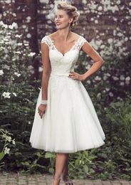 Elegant Tea Length Short Wedding Dresses Cap Sleeves Appliques Lace Wedding Gowns Tulle V Neck Short Bridal Gowns Cheap206i