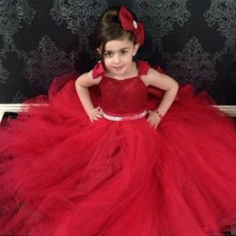 New Fashion Spaghetti Straps Ball Gown Tulle With Bow Lace Up Red Flower Girl Dresses First Communion Dresses