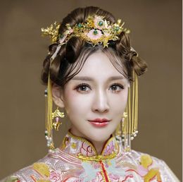 Bridal costume, headgear set, Chinese wedding accessories, dragon and Phoenix gown, jewelry, Xiu Feng, and Phoenix crown wedding accessories