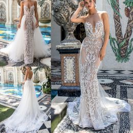 Berta 2020 Brautkleider, abnehmbare Schleppe, herzförmiger Schatz, ärmellos, Meerjungfrau-Brautkleid, maßgeschneidertes Hochzeitskleid mit Spitzenapplikationen