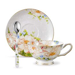 Bone China 6.8oz Coffee Cup with Saucer and Spoon, Set of 3 - Light Yellow Flower