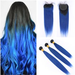 Virgin Brazilian Hair Weft Extensions Dark Blue Ombre with Closure Straight #1B/Blue Ombre Human Hair Weave Bundles with 4x4 Lace Closure