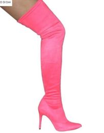 2018 Мода точка toe бедра высокие сапоги конфеты цвет носок сапоги женщины взлетно-посадочной полосы пинетки платье обувь над коленом высокие пинетки скольжения на