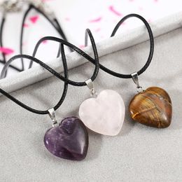 Heart Shaped Healing Chakra Beads Purple Rose Quartz Turquoise Amber Pendant Choker Necklace Couples pendant Necklace PU Rope Chain Jewellery