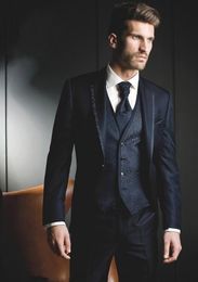 New Arrivals One Button Navy Blue Groom Tuxedos Groomsmen Notch Lapel Best Man Blazer Mens Wedding Suits (Jacket+Pants+Vest+Tie) H:871
