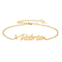 Gold Colour Stainless Steel Engrave Script Name " Victoria " Charm Bracelets for Women Personalised Custom Bracelet Charm Link Christmas Gift