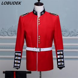 European style Male Court Military uniform Sparkly Crystal Red Suit Drum corps orchestra Performance clothes singer Chorus Suit Choral Dress