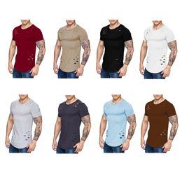 2018 New Men Ripped Solid Color Loose Fit Crew Round Neck T-shirts Casual Hollow Out Curved Short Sleeves Top
